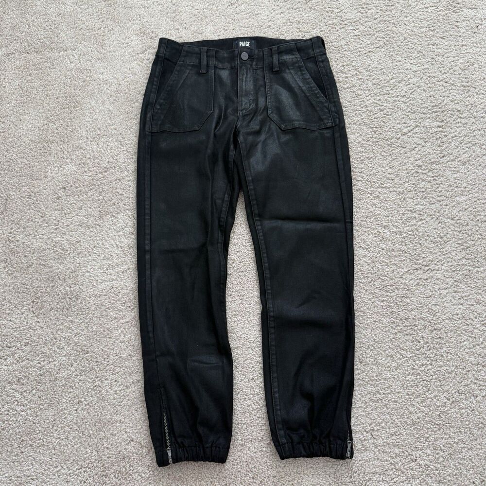 Paige Black Mayslie Jogger Pants Coated Ankle Zip Party Grunge Goth Preppy 27